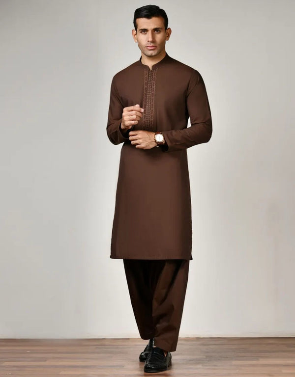 J. Men's Traditional Shalwar Kameez (Semi Formal) - Brown Regular Fit