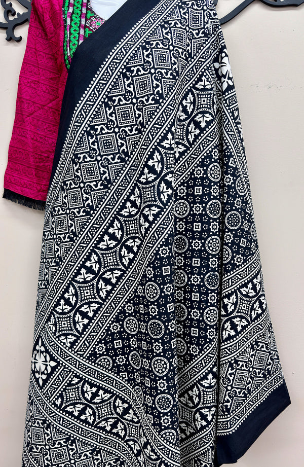 Pure Cotton Black Printed Sindhi Ajrak Shawl Unisex