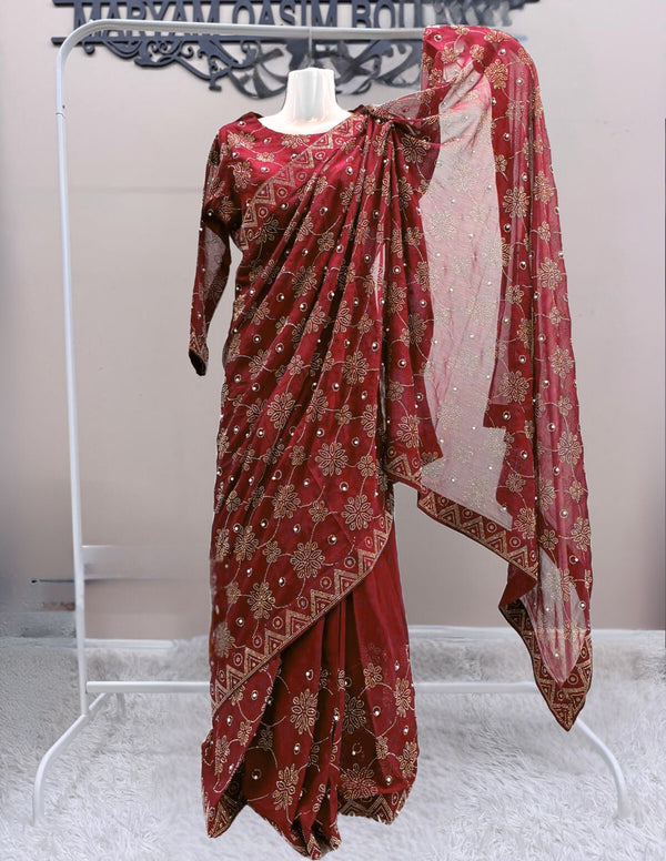 Elegant Kamdani-Style Saree - Mehroon