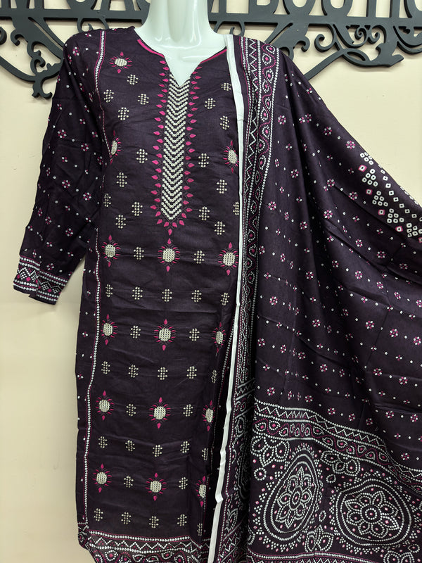 Brand Bin Saeed 3 Pcs Lawn Print with Embroidery - Purple