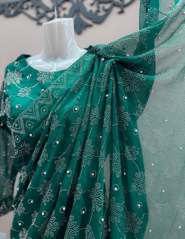 Elegant Kamdani-Style Saree - Deep Sea Green