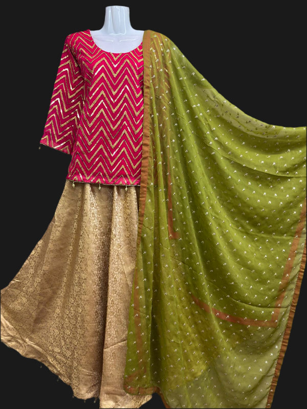 Shocking Pink & Gold Embroidered Chiffon Lehenga Set