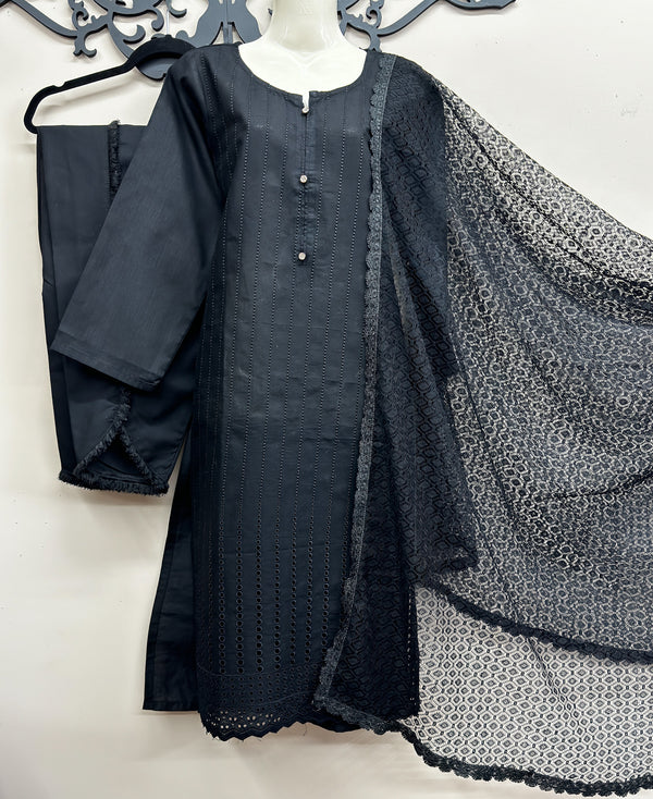 Jet Black Chikankari 3-Piece Outfit