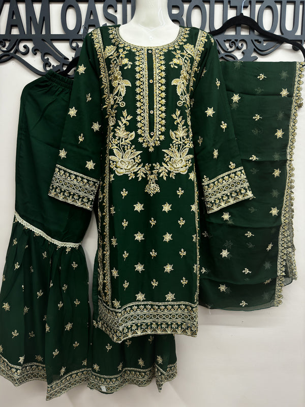 3-Piece Sheefon Embroidery Gharara Outfit - Dark Green