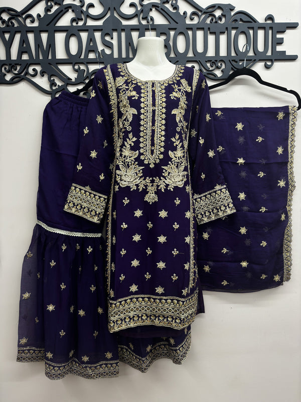 3-Piece Sheefon Embroidery Gharara Outfit - Purple