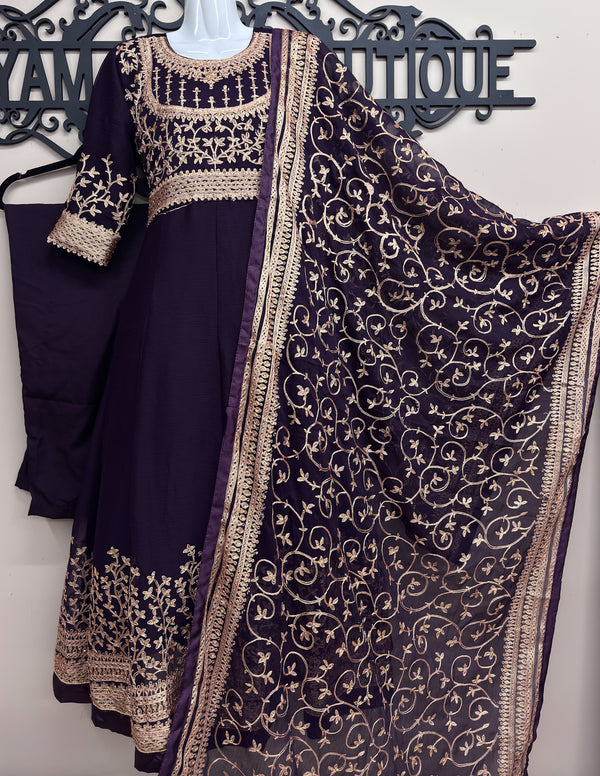 Elegant Anarkali-Style 3-Piece Maxi Dress - Purple Colour