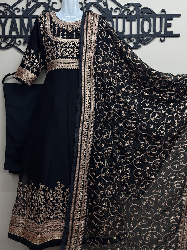 Elegant Anarkali-Style 3-Piece Maxi Dress - Black Colour