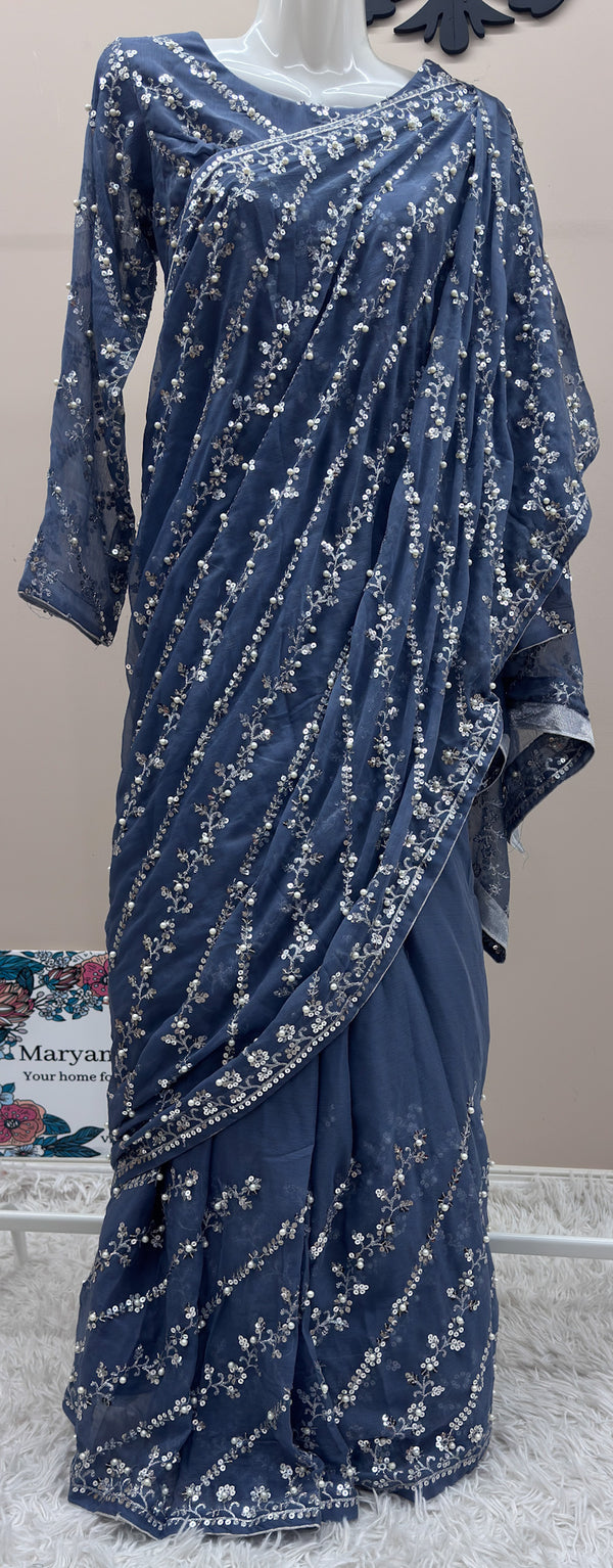 Sheer Embroidered Saree with Sequins & Pearls - Grey