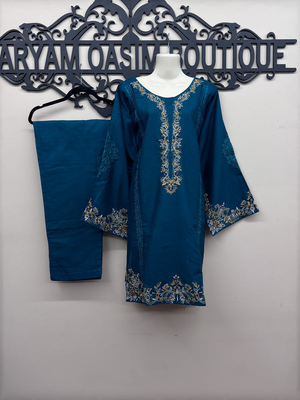 Elegant Cambric Cotton Embroidered Outfit