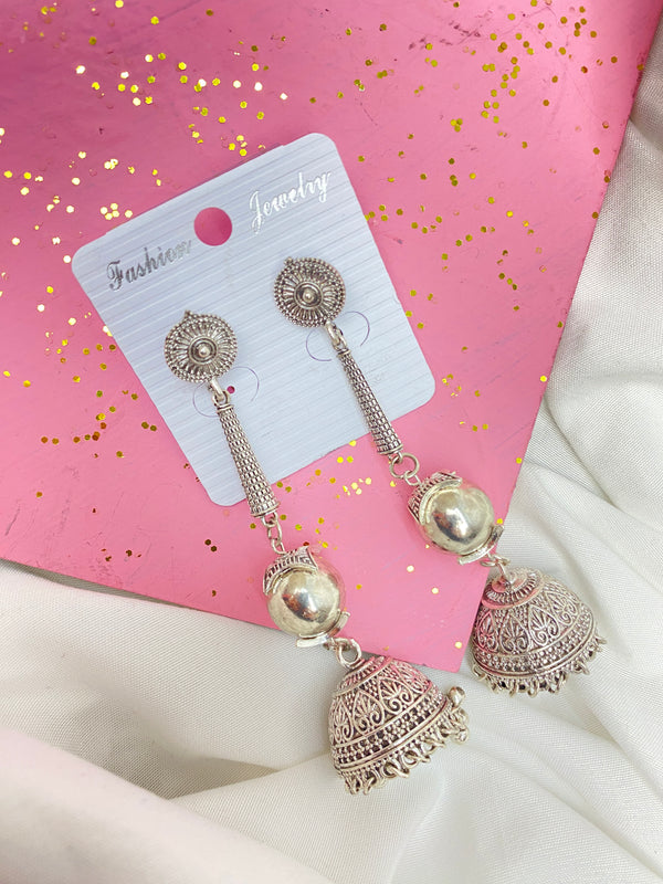 Long Jhumka Statement Earrings - Silver